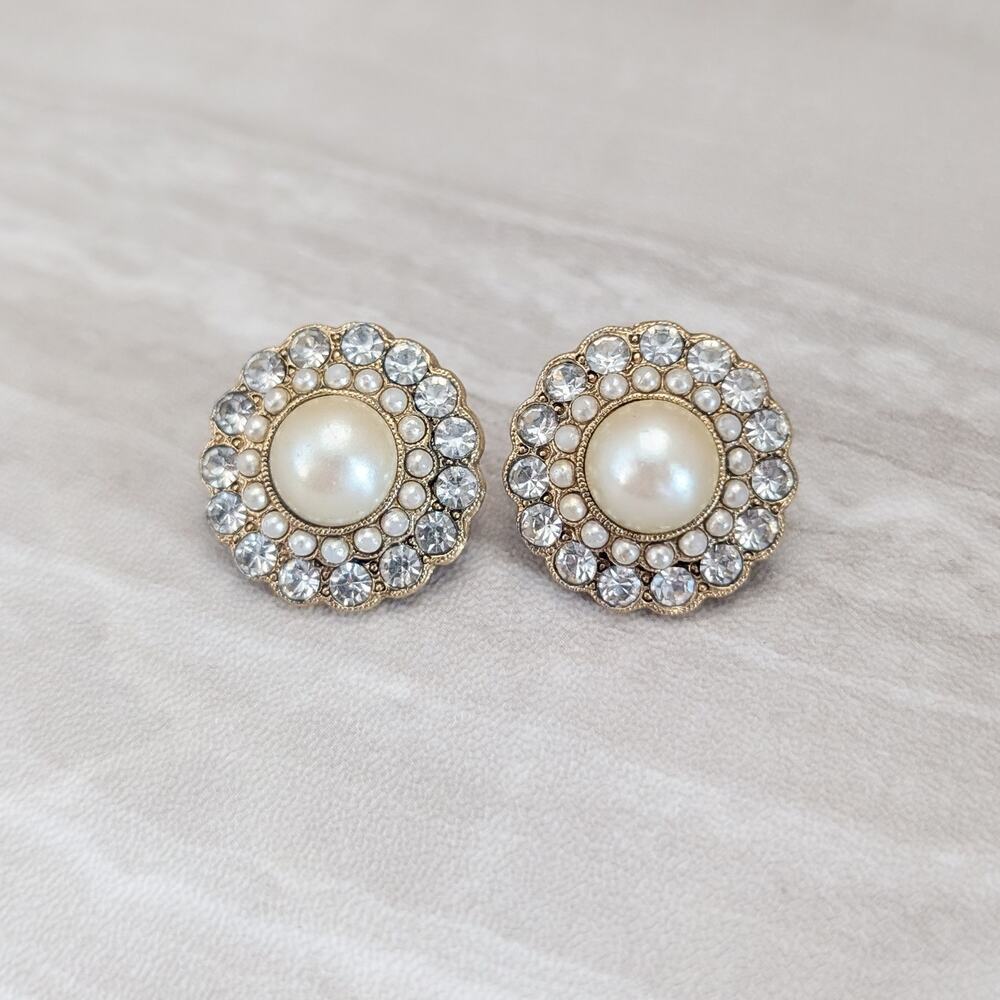 Vintage Stud Earrings 7/8" Regal Stylish Glam Faux Pearls, Clear Gems, Gold Tone